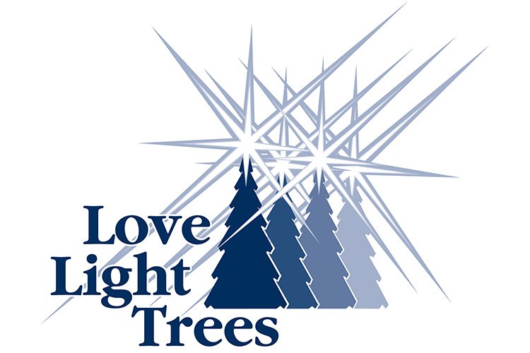 Photo of the words Love Light Trees and to the left of the words are four Christmas Trees with a bright star on the top of each tree.