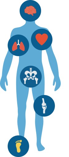 Outline of a person showing the different types/locations of rehabilitation we treat (head to foot).