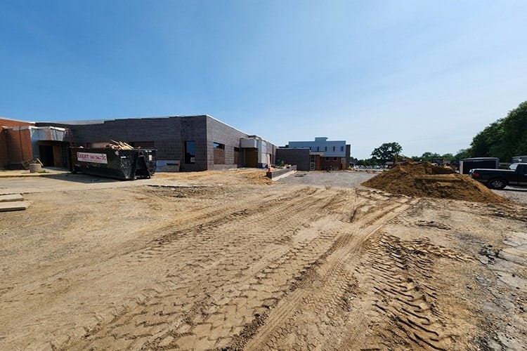 Exterior brick and windows installed on the surgical services building.