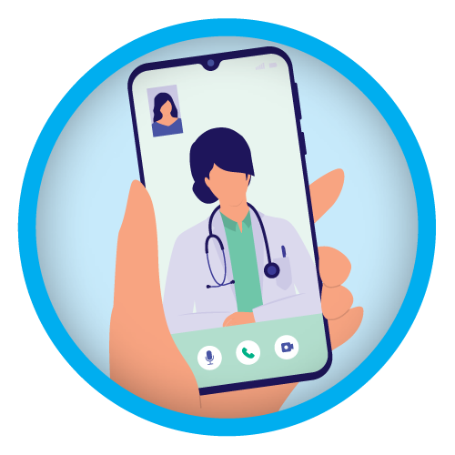 Icon of a smart phone with a health care provider on it simulating a doctors visit.