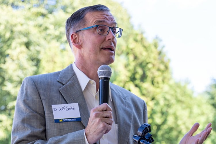 Photo Dr. Jeff Smith, addressing the crowd at the Alma Surgical Services Groundbreaking event.