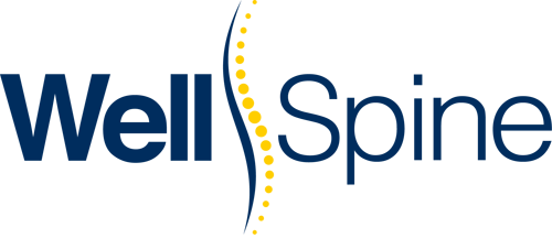 Logo with the word WellSpine in blue and a maize and blue decorative element that resembles an abstract spine with vertebrae