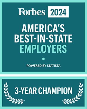 Forbes 2024 American's Best-In-State Employers logo with a gold ribbon under logo that states 3 Years in a Row