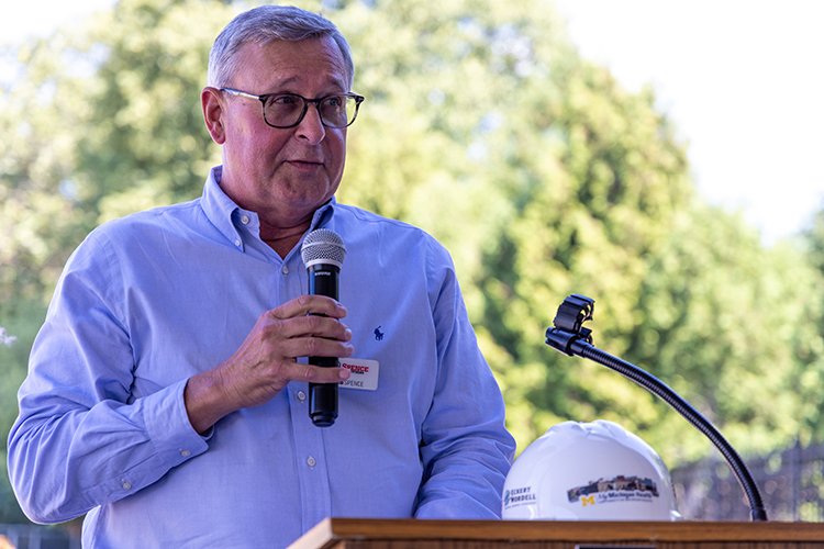 Photo of Herb Spence, chair MyMichigan Health Foundation, addressing the crowd at the Alma Surgical Services Groundbreaking event.